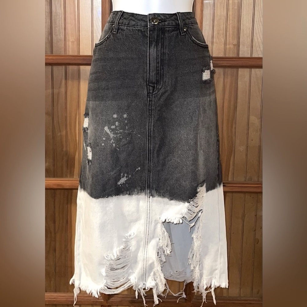 Distressed Black and White Denim Skirt